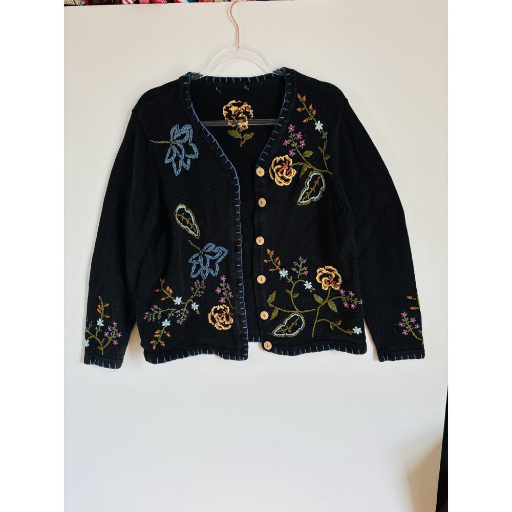 Vintage Embroidered Flower Jones Sweater‎ Cardigan Size L Grannycore No Tag